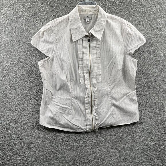 Worthington Womens Top 2X White Striped Short Sleeve Zip Front Shirt Stretch‎ - Picture 1 of 8
